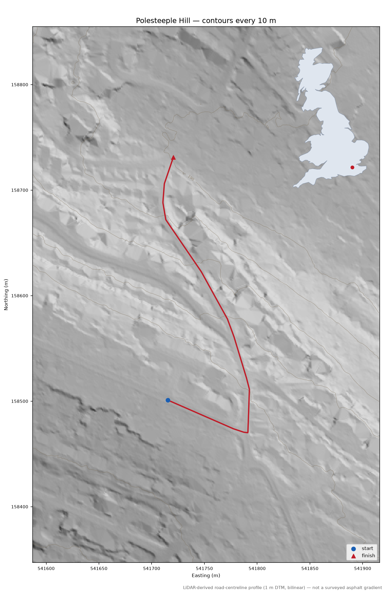 Polesteeple Hill LiDAR hillshade map with contours
