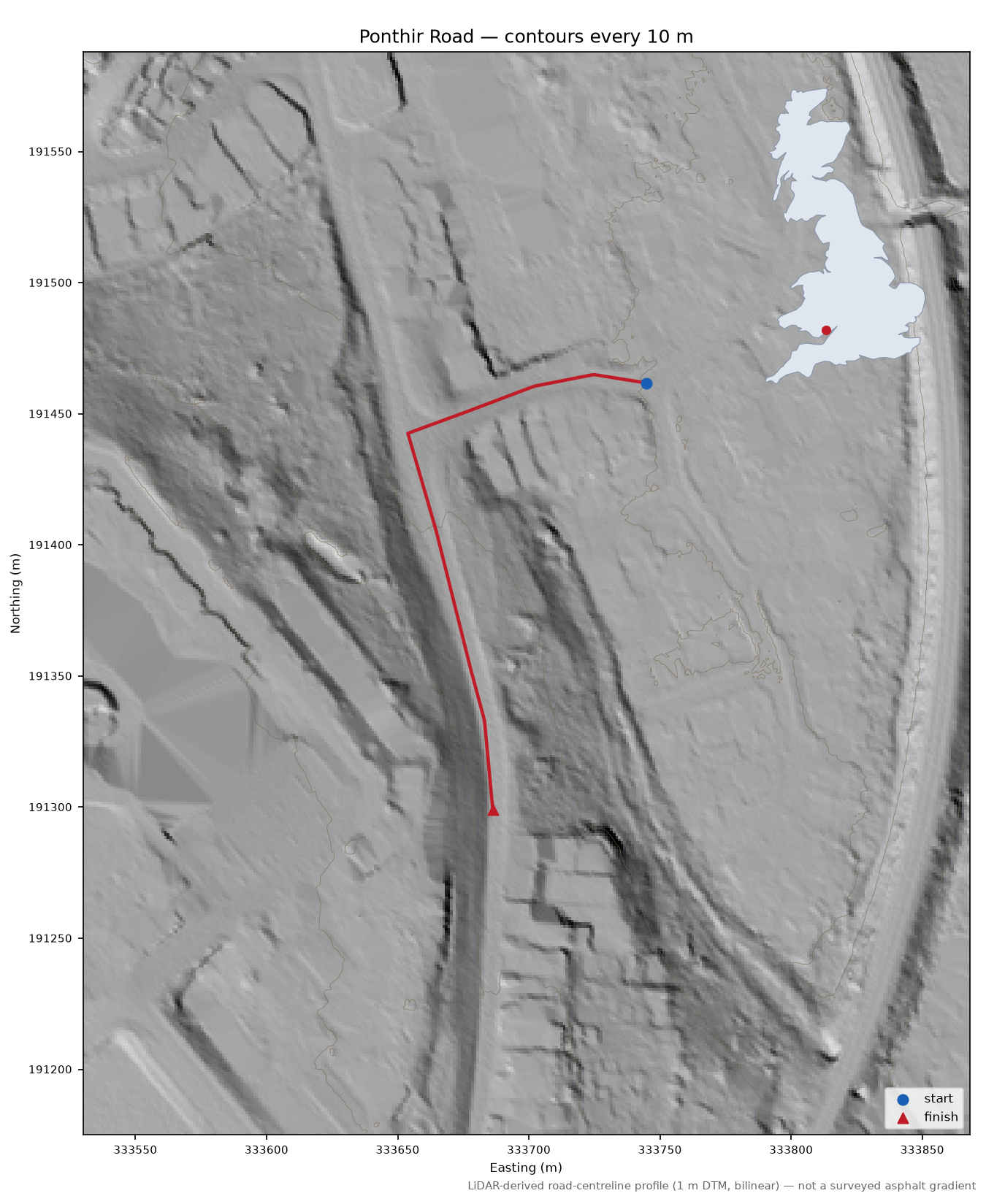 Ponthir Road LiDAR hillshade map with contours