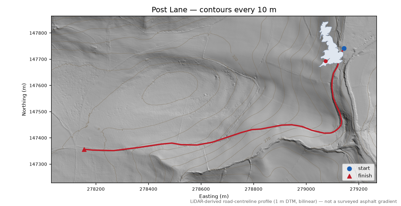 Post Lane LiDAR hillshade map with contours