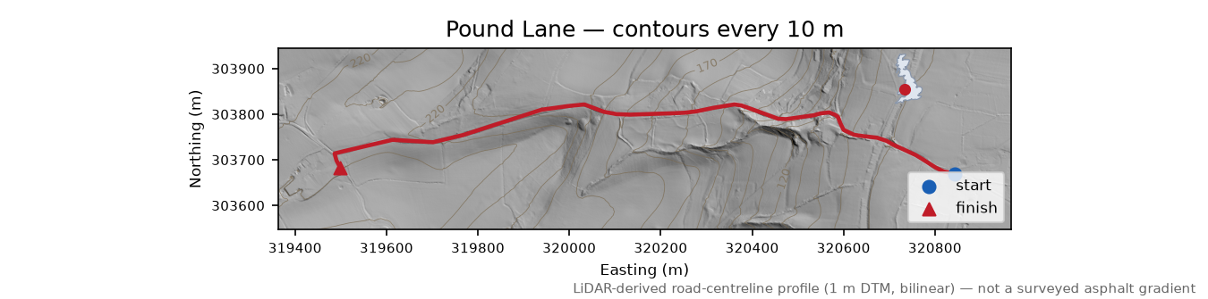 Pound Lane LiDAR hillshade map with contours