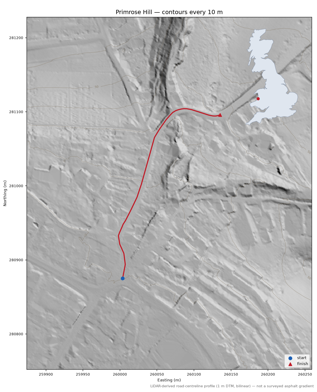 Primrose Hill LiDAR hillshade map with contours