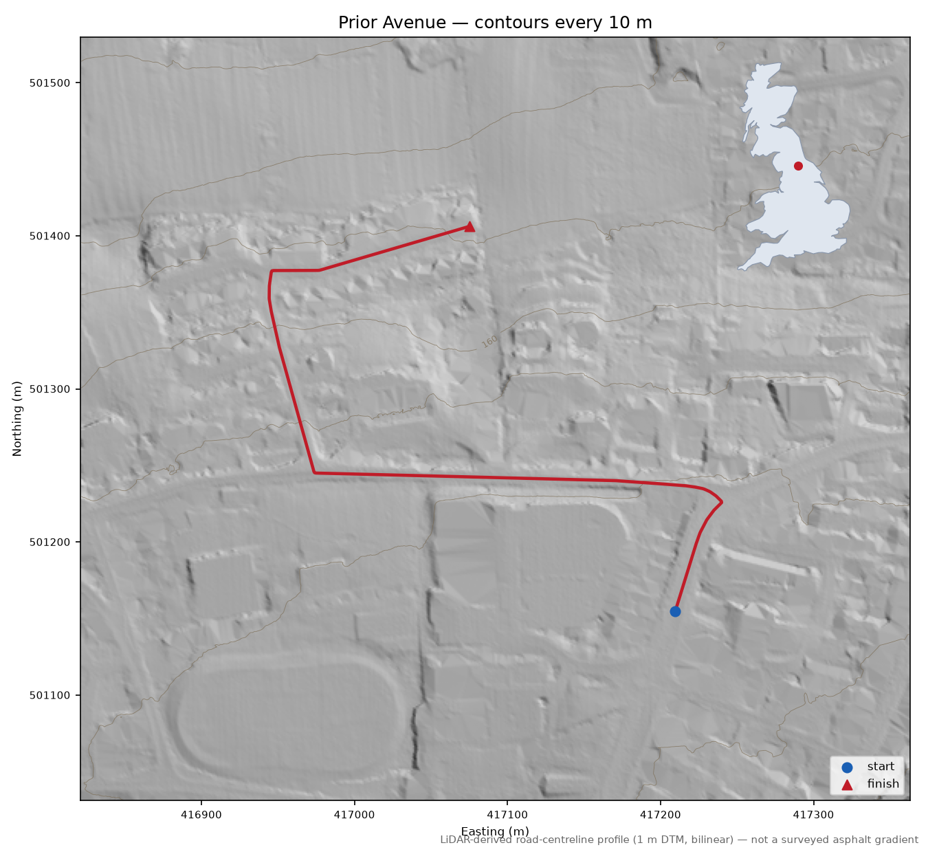 Prior Avenue LiDAR hillshade map with contours