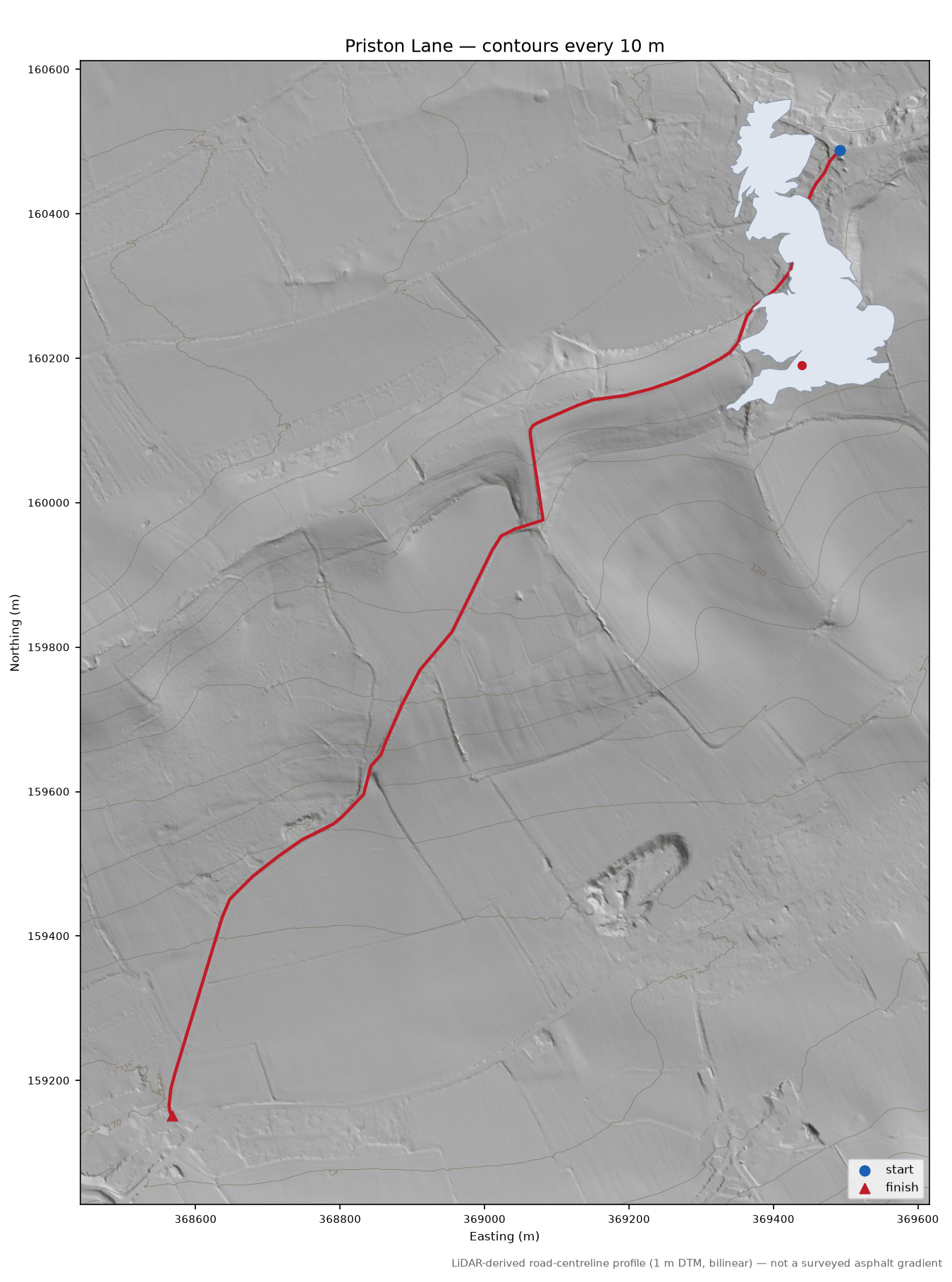 Priston Lane LiDAR hillshade map with contours