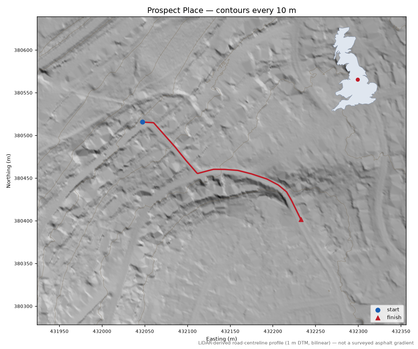 Prospect Place LiDAR hillshade map with contours