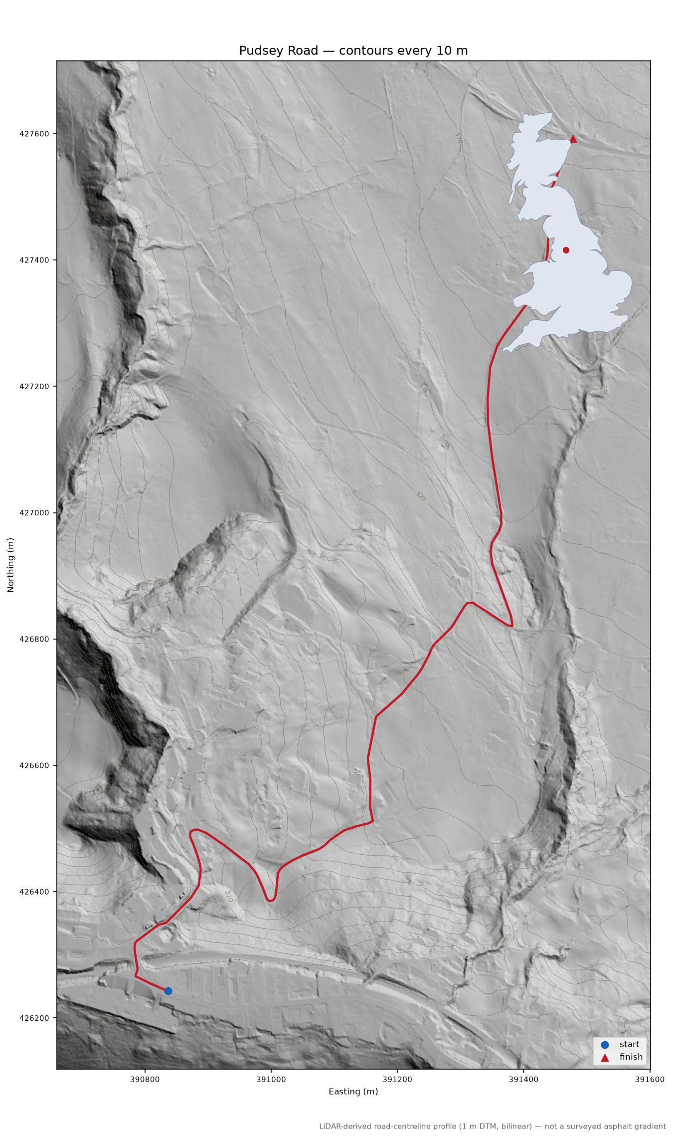 Pudsey Road LiDAR hillshade map with contours