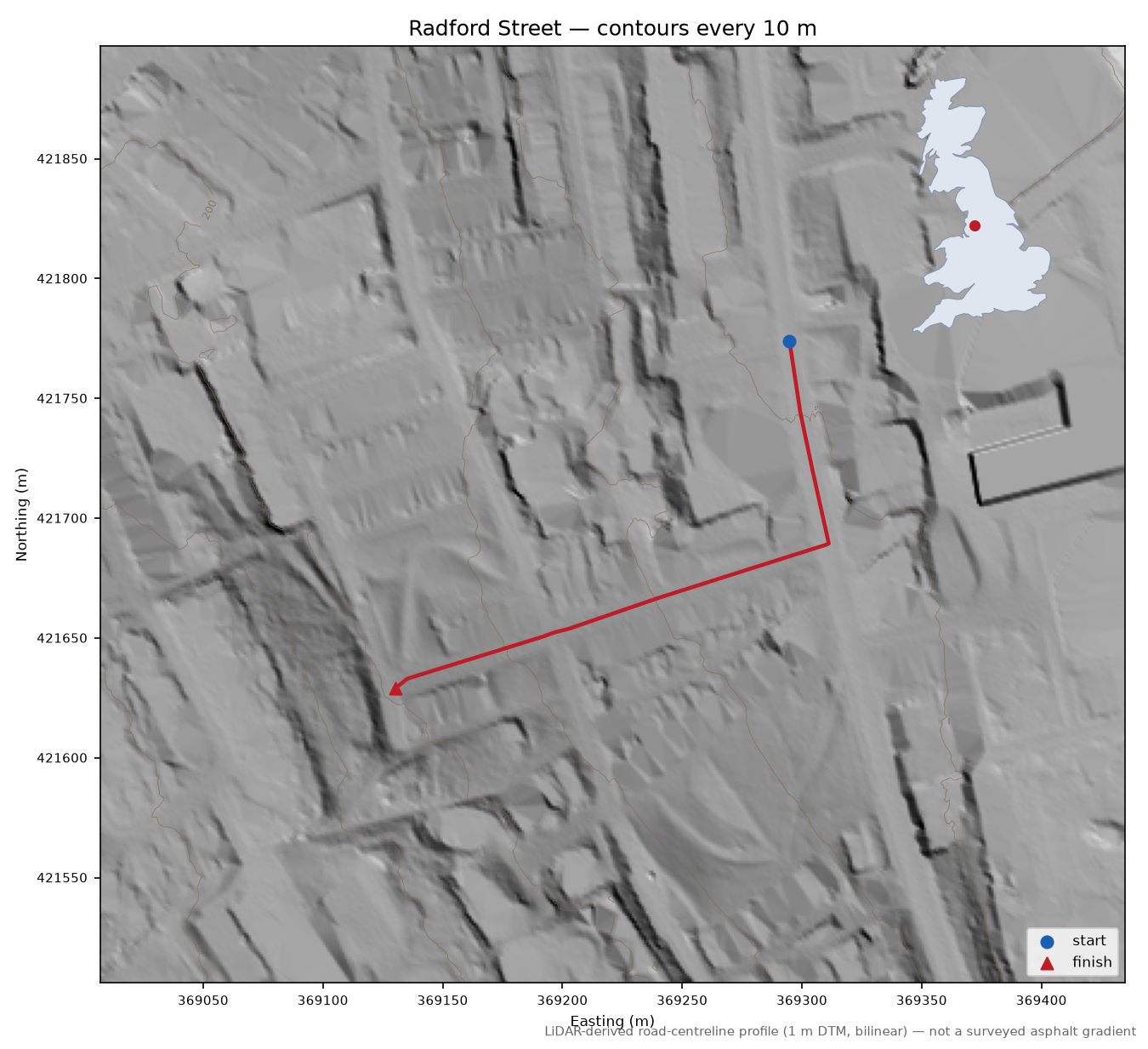 Radford Street LiDAR hillshade map with contours