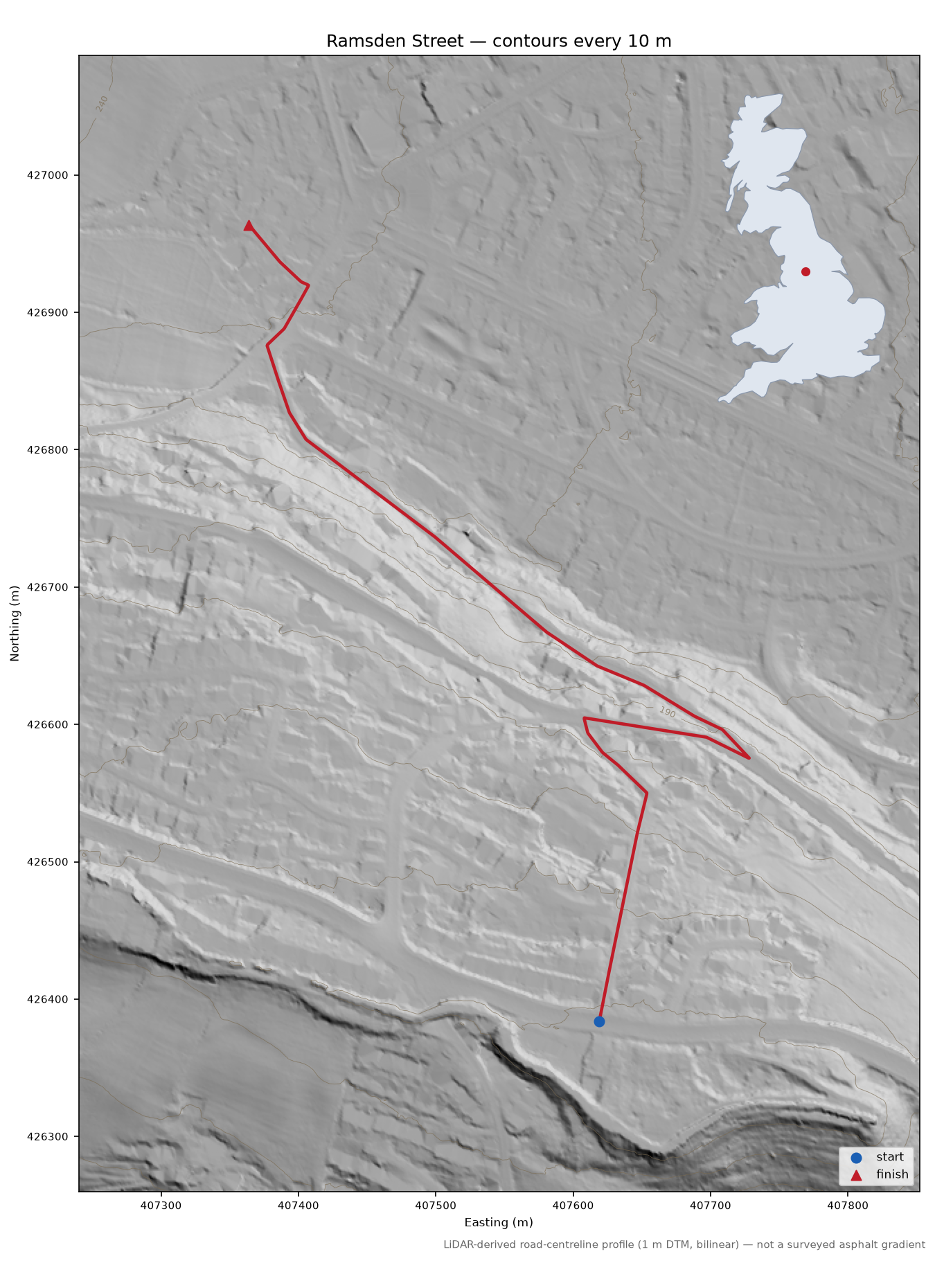 Ramsden Street LiDAR hillshade map with contours