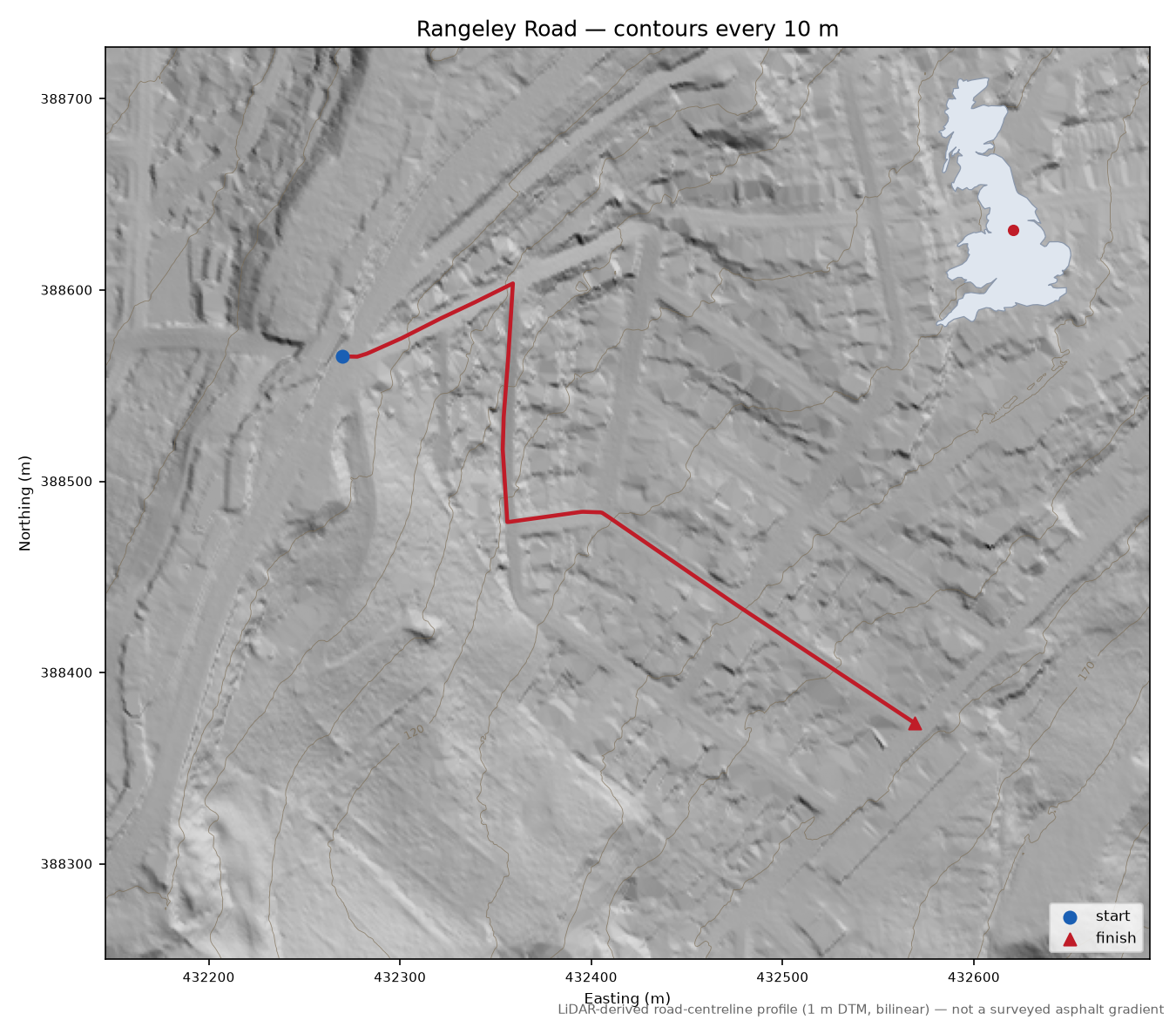 Rangeley Road LiDAR hillshade map with contours