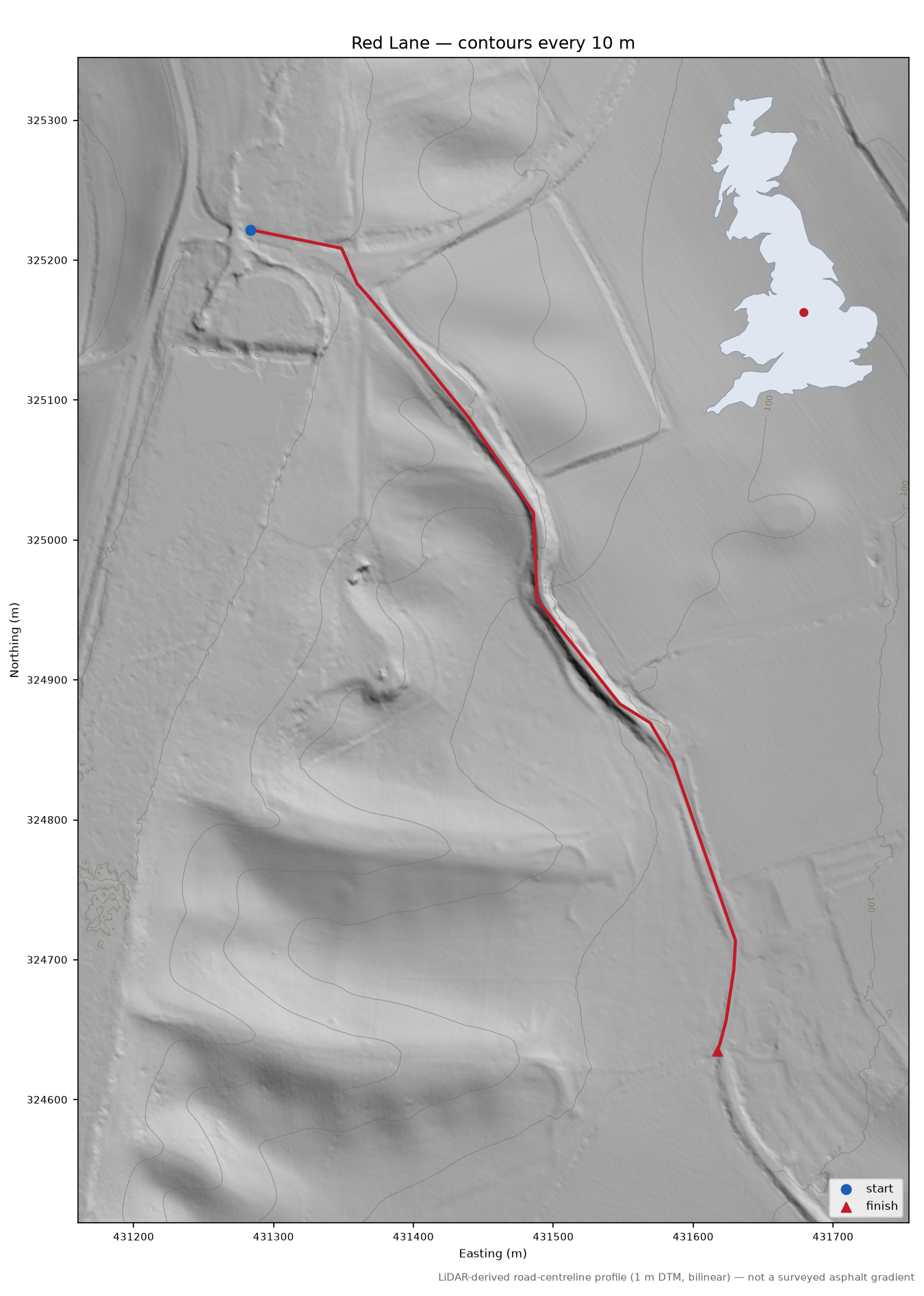Red Lane LiDAR hillshade map with contours