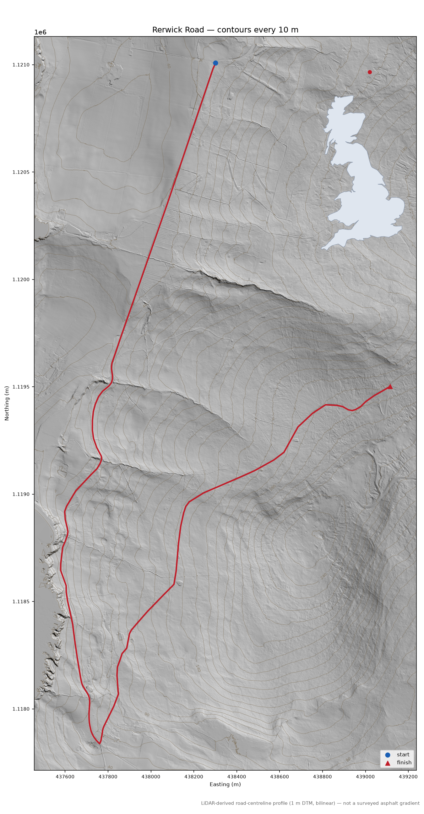 Rerwick Road LiDAR hillshade map with contours