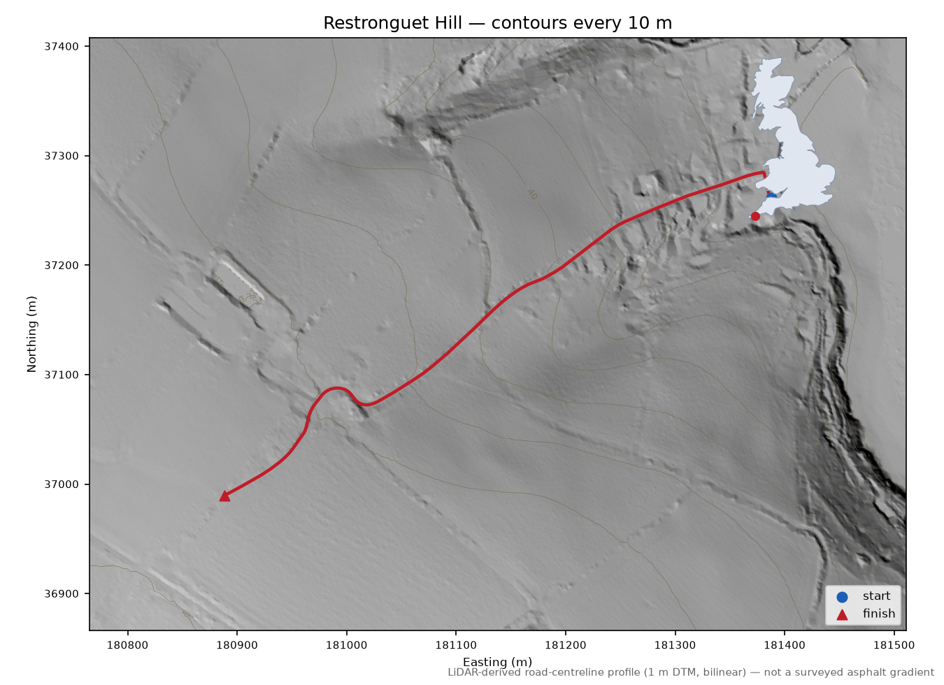 Restronguet Hill LiDAR hillshade map with contours