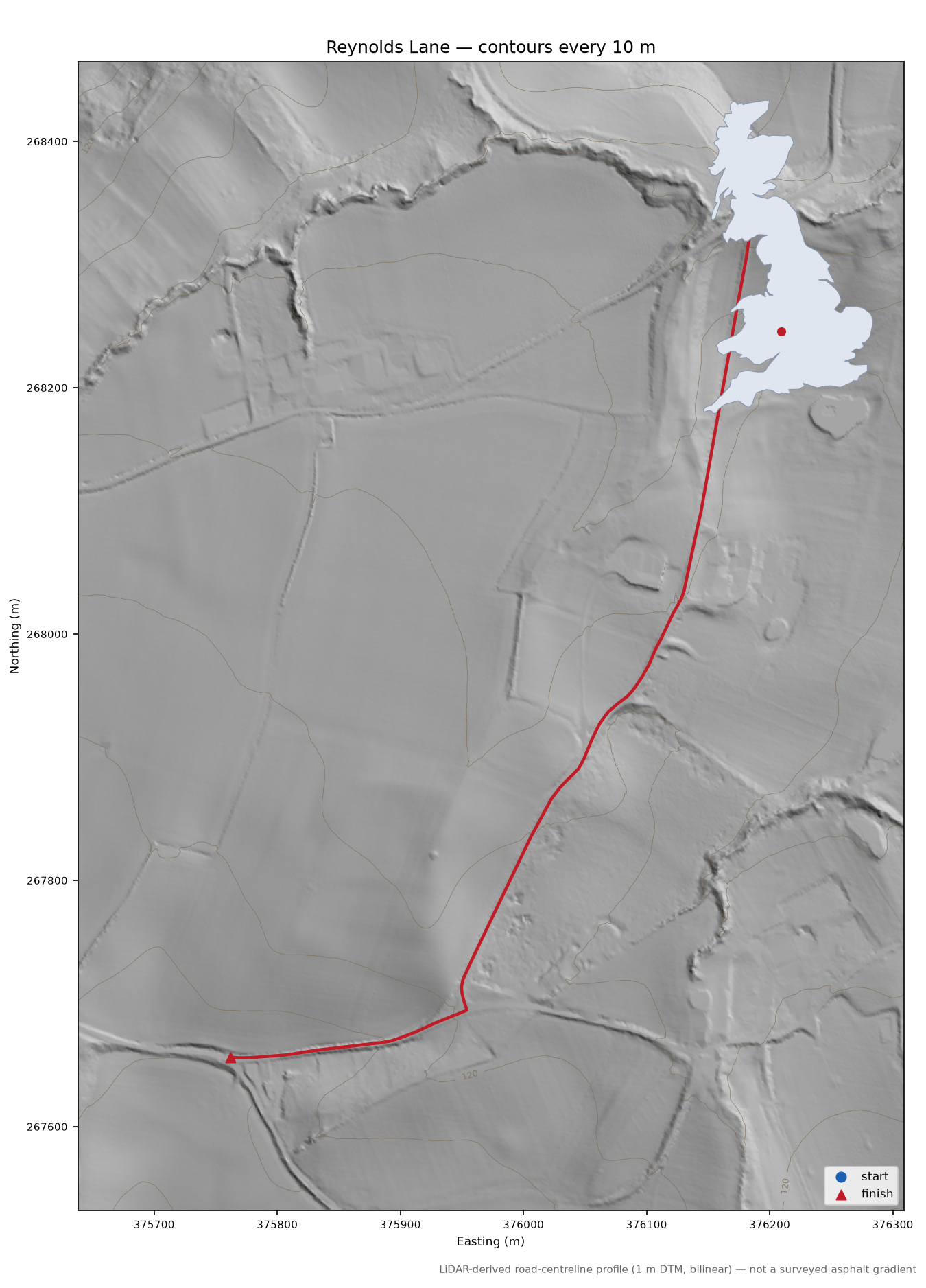 Reynolds Lane LiDAR hillshade map with contours