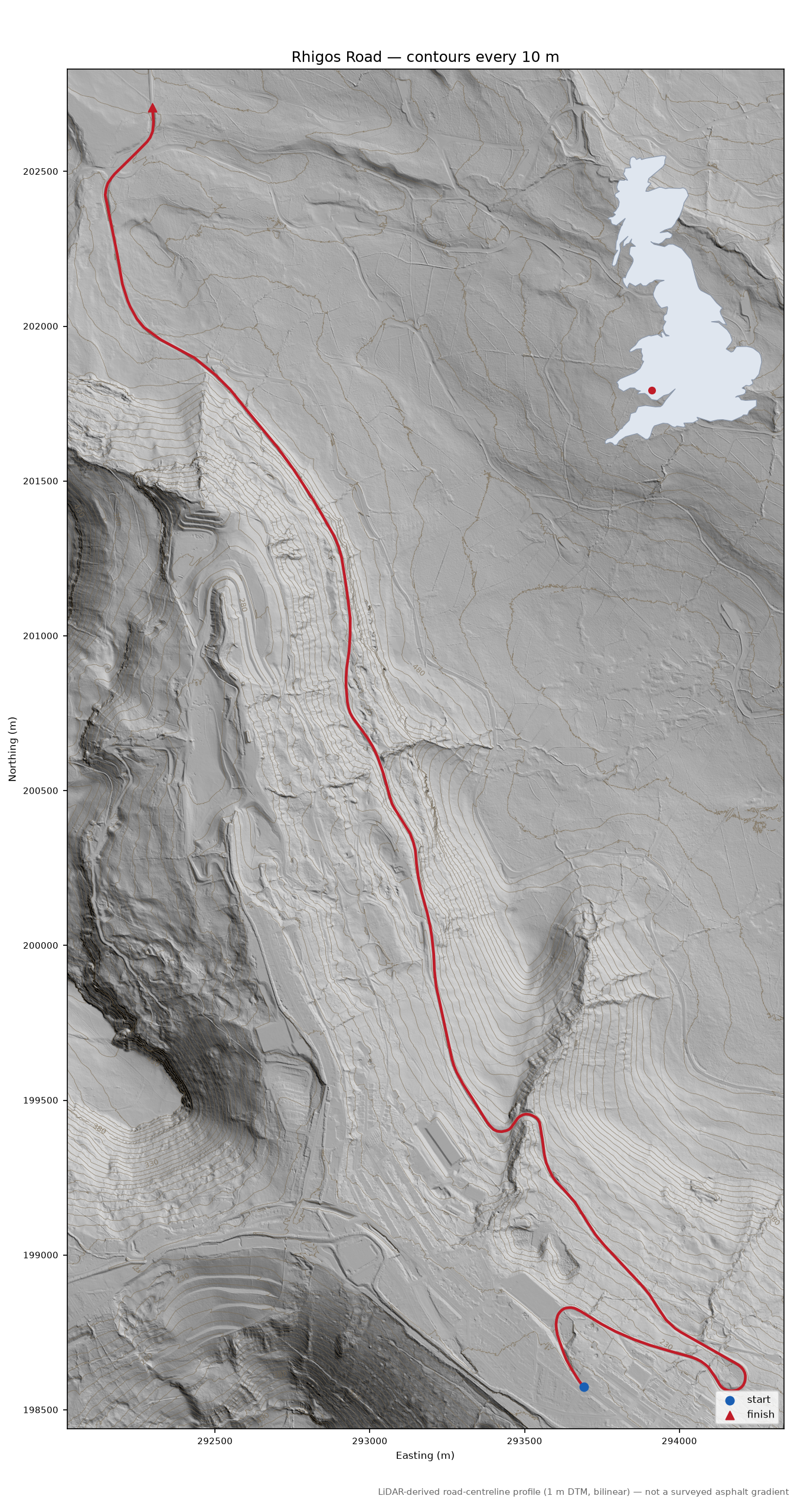 Rhigos Road LiDAR hillshade map with contours