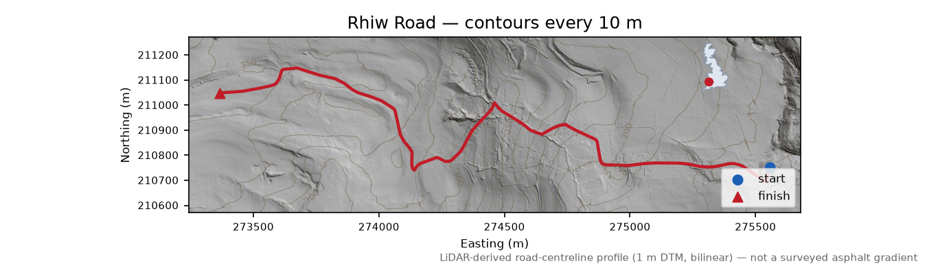 Rhiw Road LiDAR hillshade map with contours