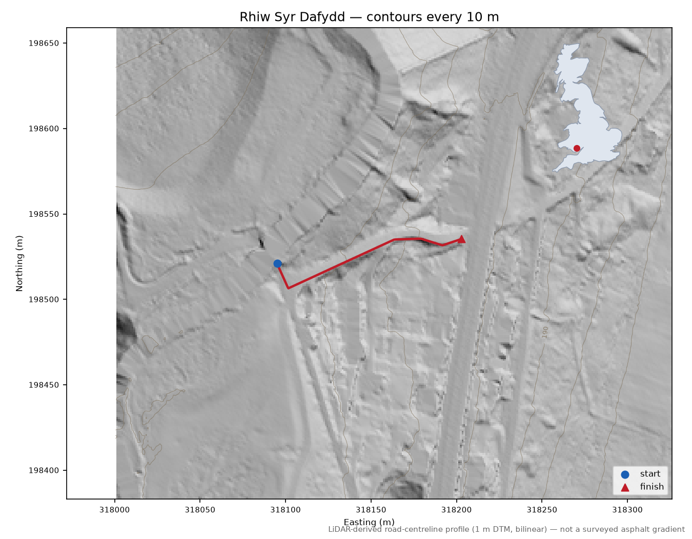 Rhiw Syr Dafydd LiDAR hillshade map with contours