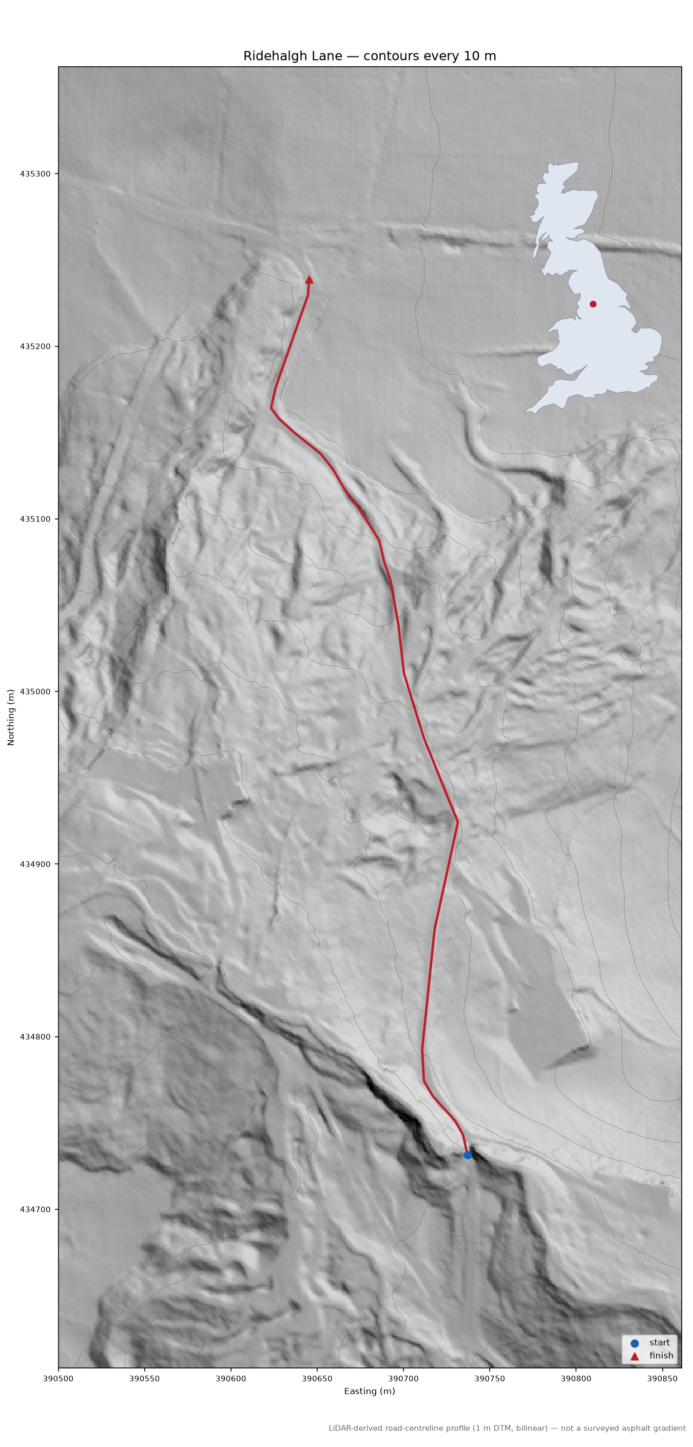 Ridehalgh Lane LiDAR hillshade map with contours