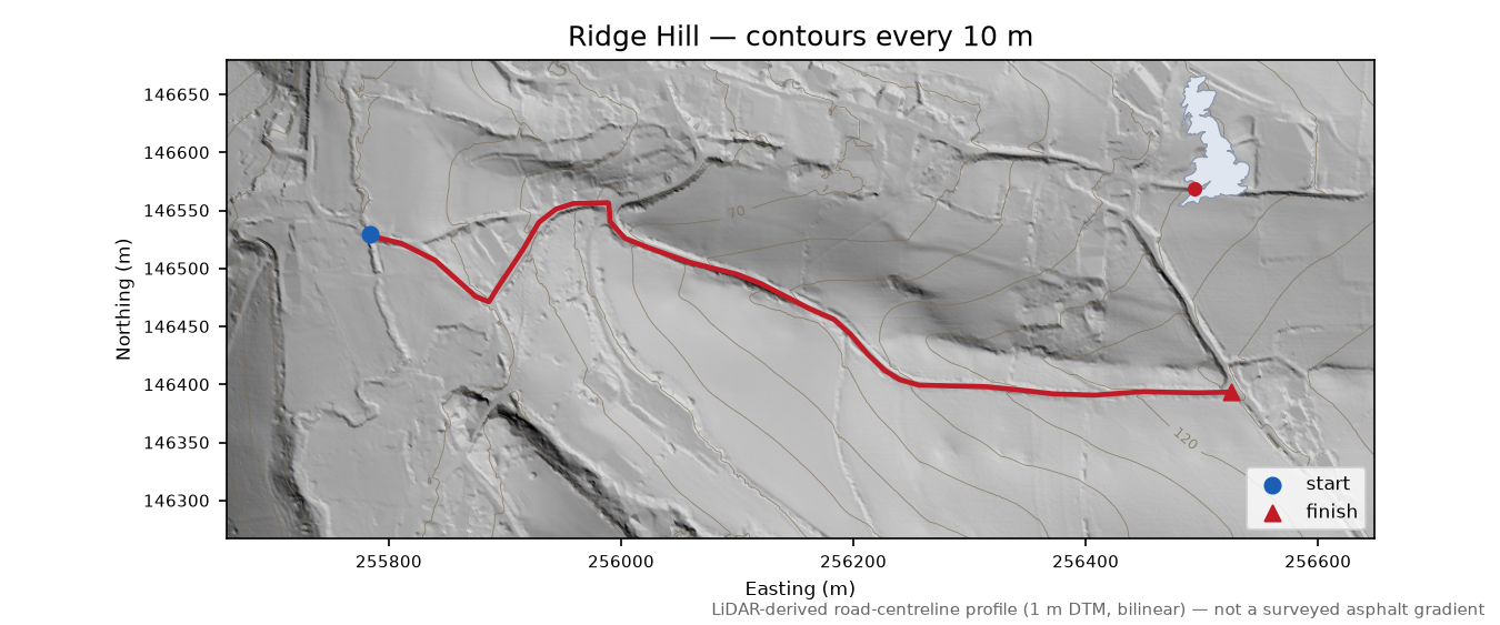 Ridge Hill LiDAR hillshade map with contours