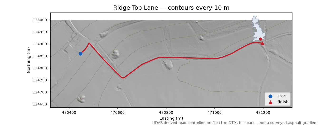 Ridge Top Lane LiDAR hillshade map with contours