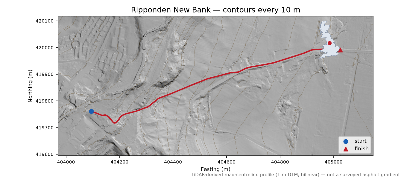 Ripponden New Bank LiDAR hillshade map with contours