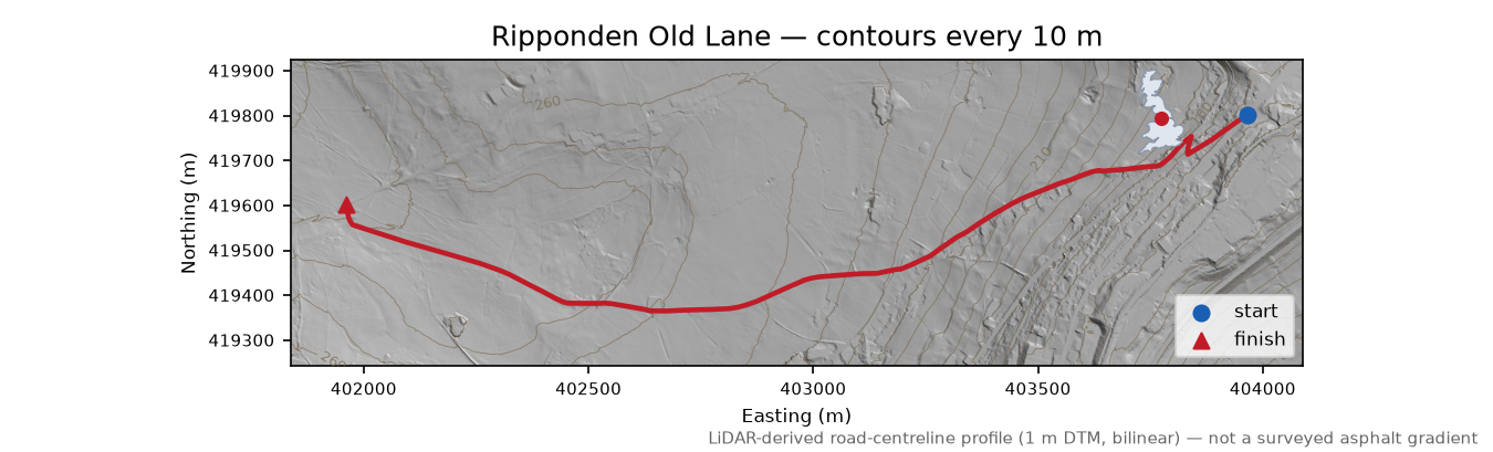 Ripponden Old Lane LiDAR hillshade map with contours
