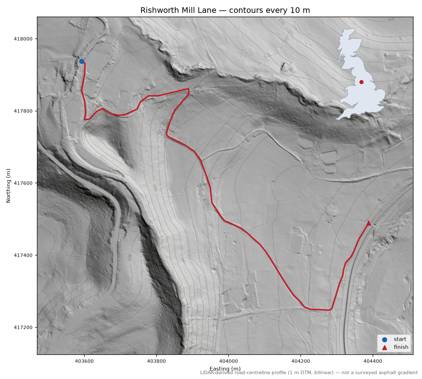 Rishworth Mill Lane LiDAR hillshade map with contours