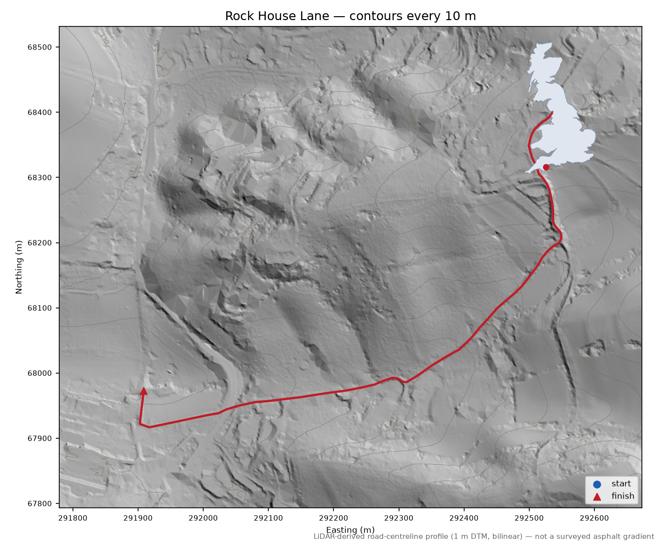 Rock House Lane LiDAR hillshade map with contours