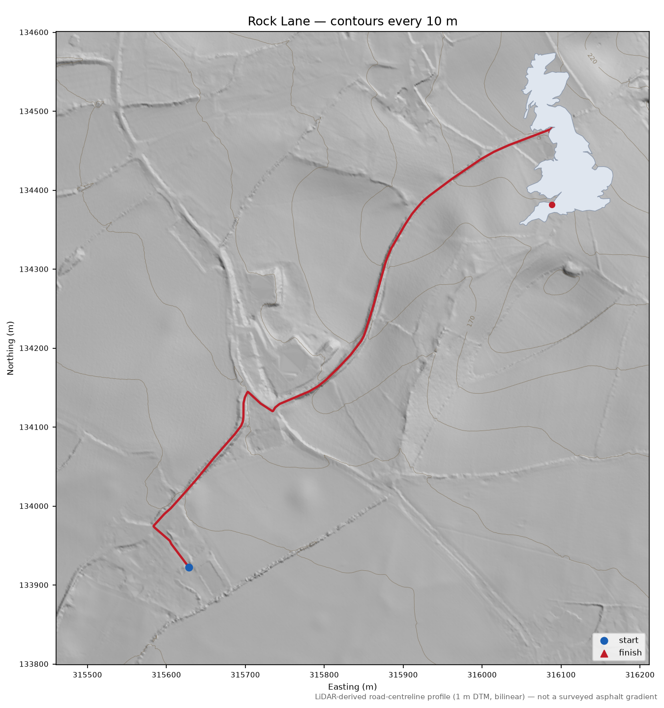 Rock Lane LiDAR hillshade map with contours
