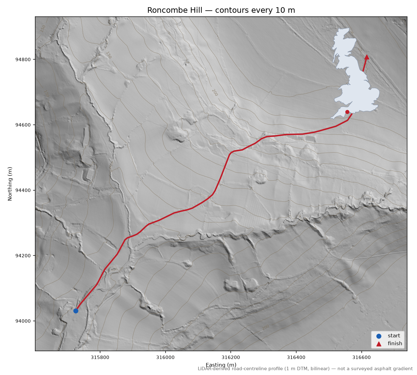 Roncombe Hill LiDAR hillshade map with contours
