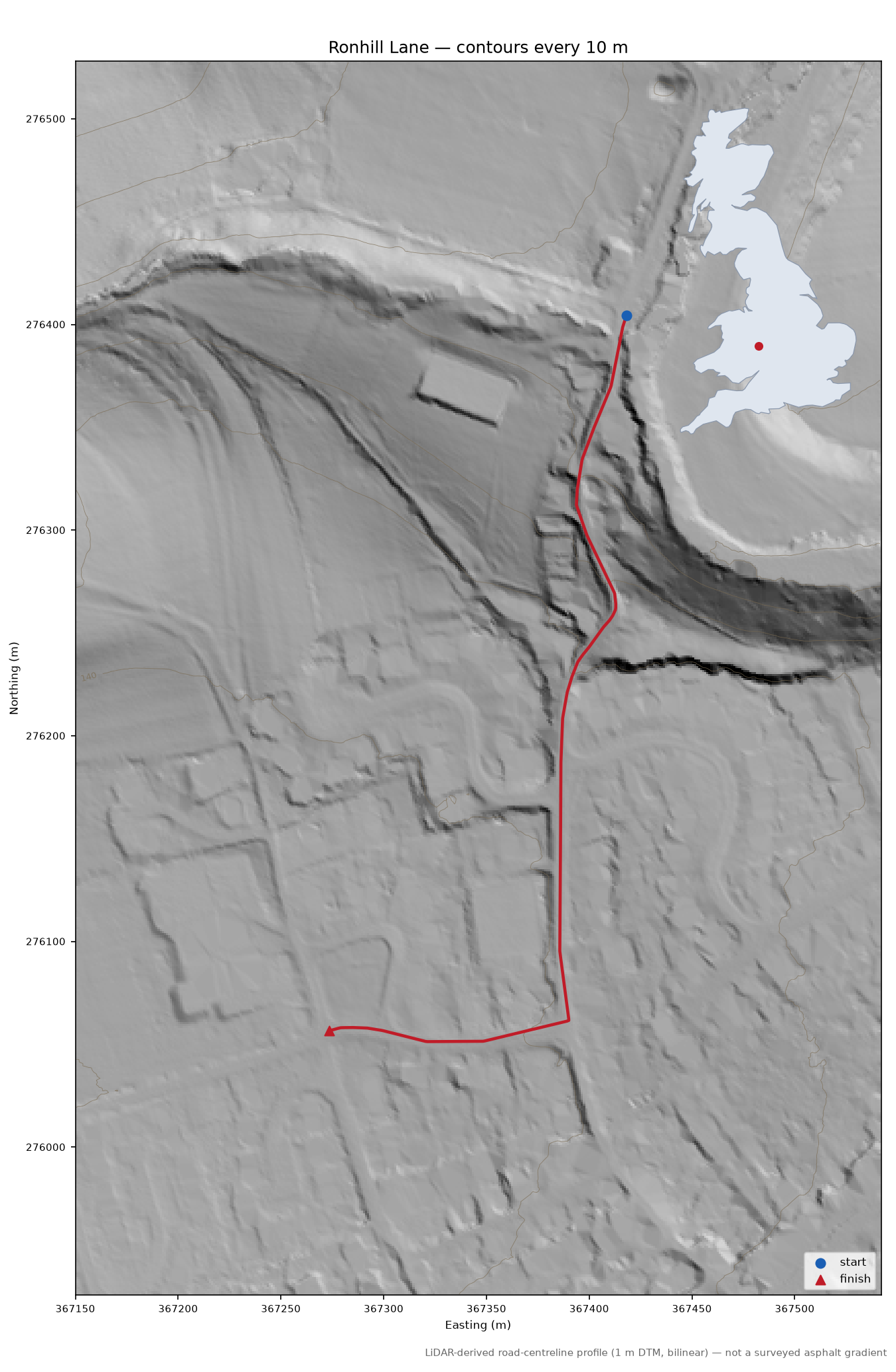 Ronhill Lane LiDAR hillshade map with contours