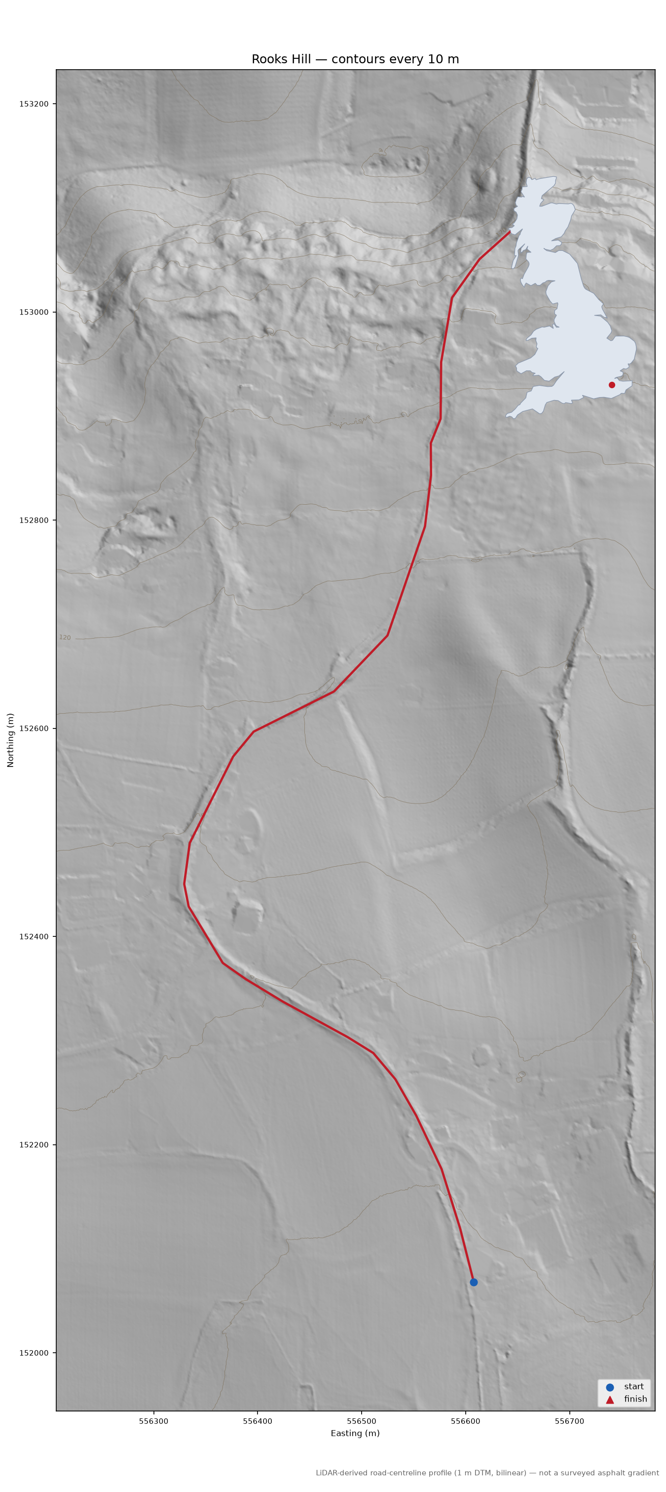 Rooks Hill LiDAR hillshade map with contours