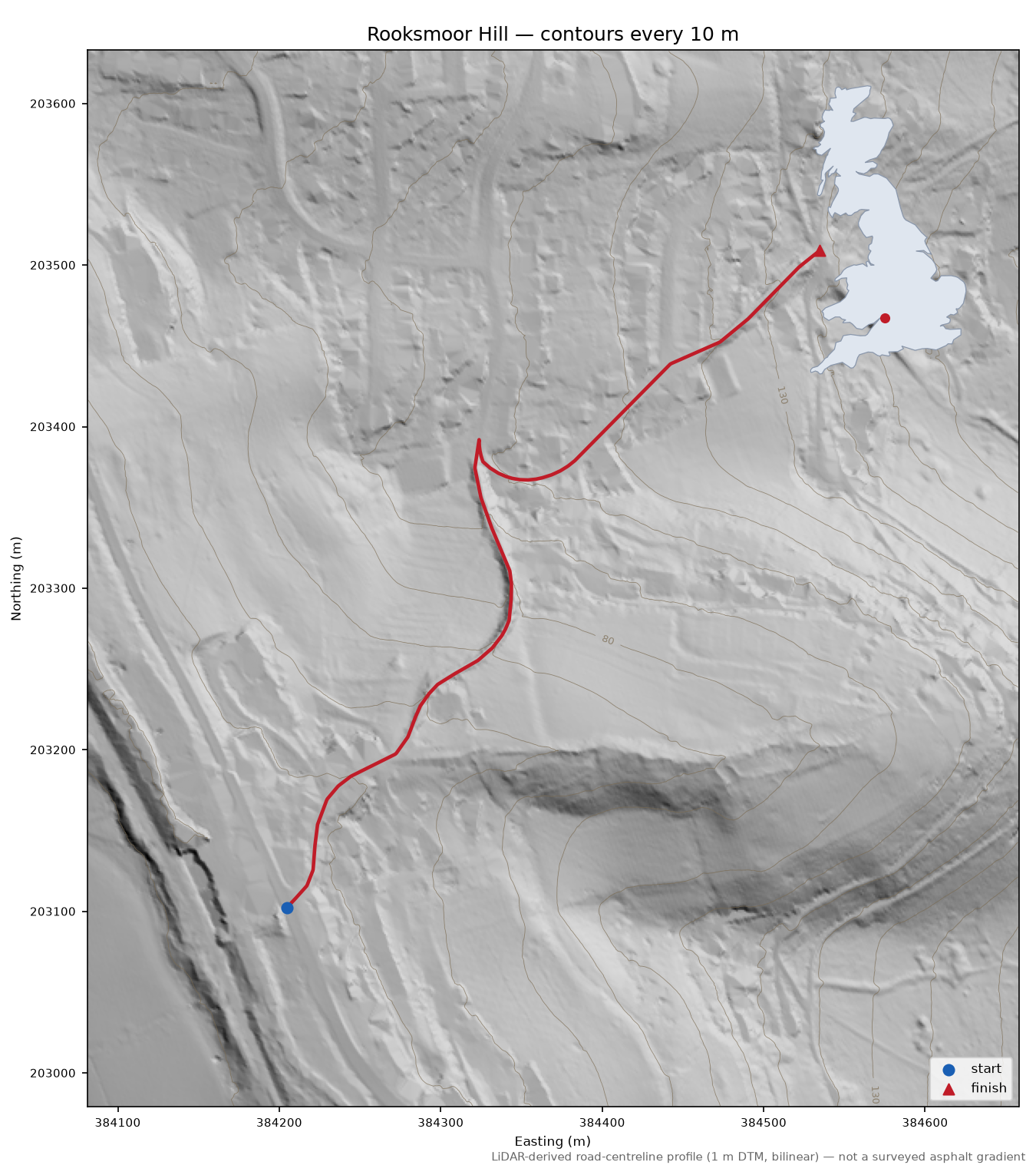 Rooksmoor Hill LiDAR hillshade map with contours