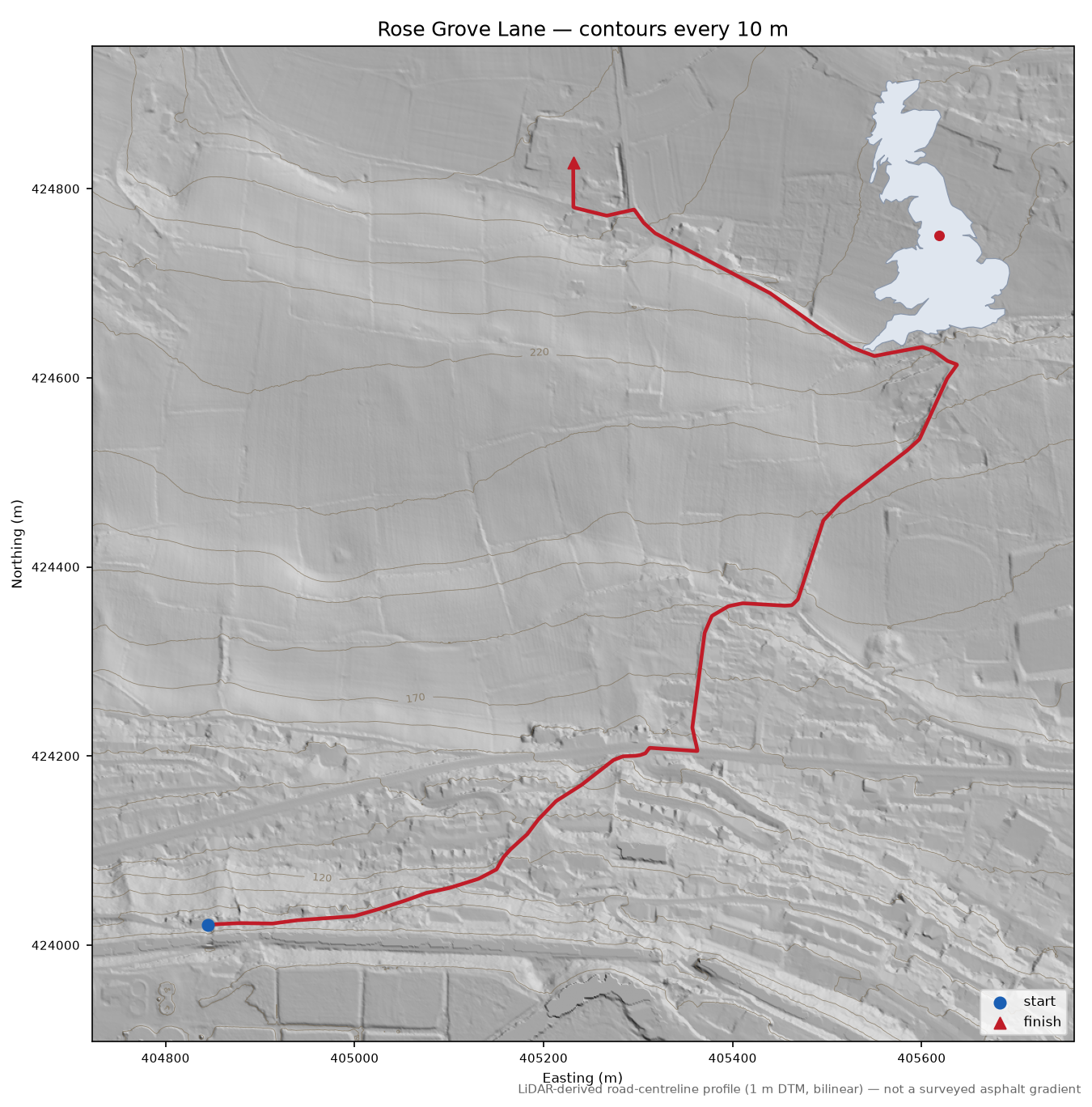 Rose Grove Lane LiDAR hillshade map with contours