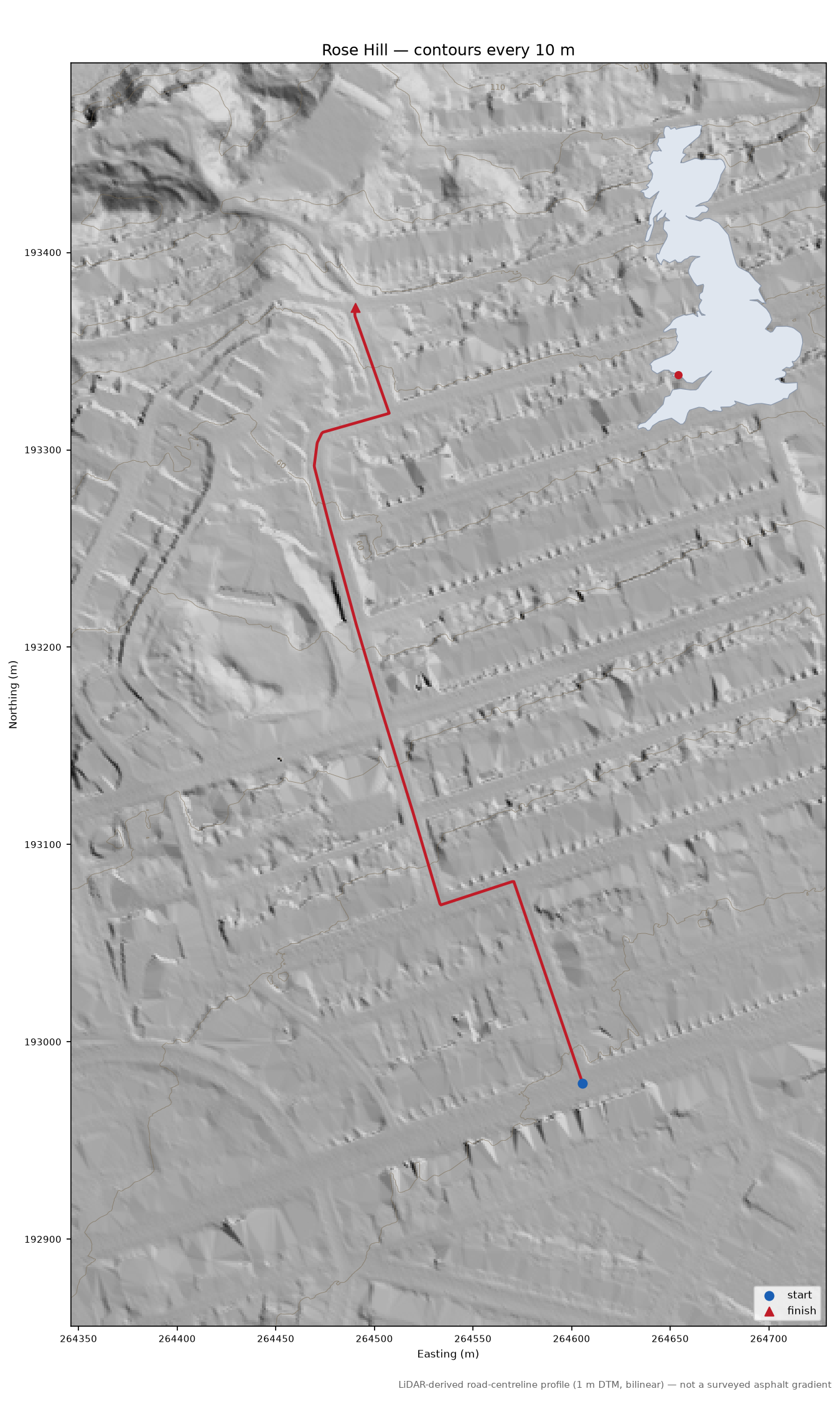 Rose Hill LiDAR hillshade map with contours