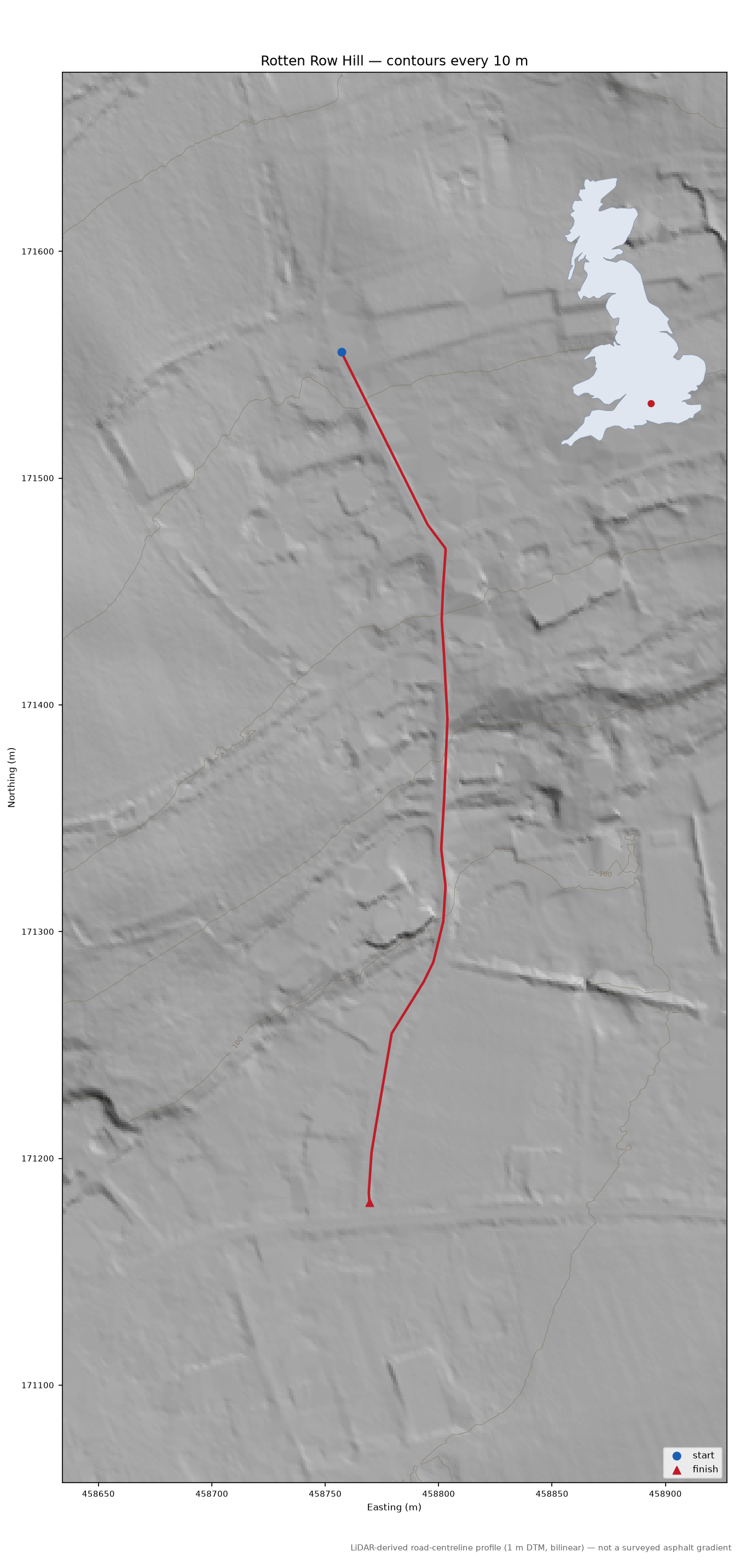 Rotten Row Hill LiDAR hillshade map with contours