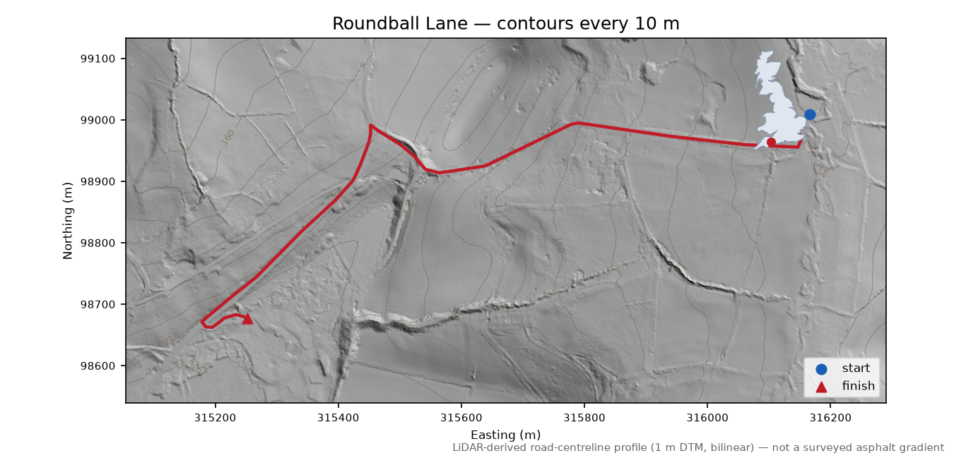 Roundball Lane LiDAR hillshade map with contours