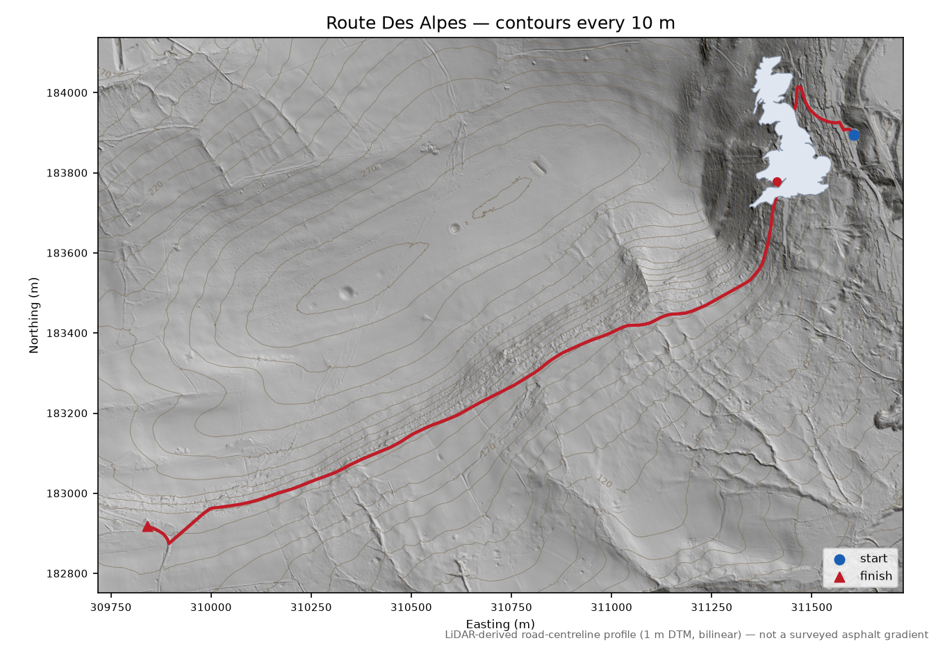 Route Des Alpes LiDAR hillshade map with contours