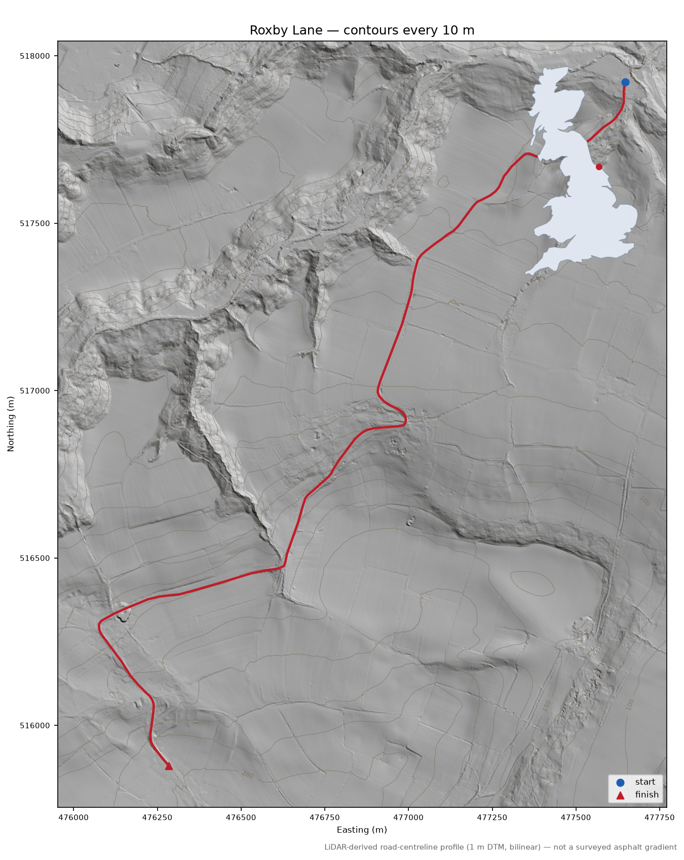 Roxby Lane LiDAR hillshade map with contours