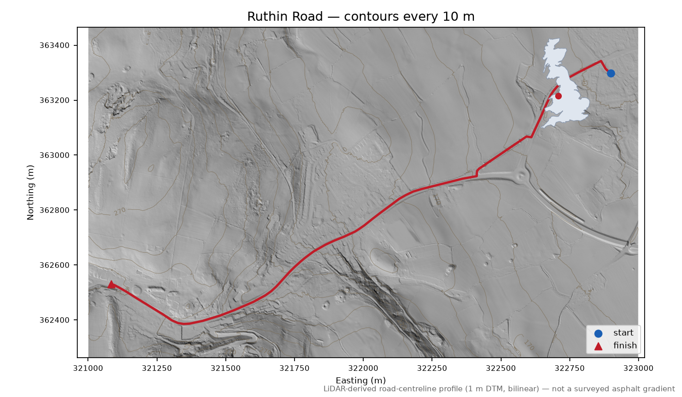 Ruthin Road LiDAR hillshade map with contours