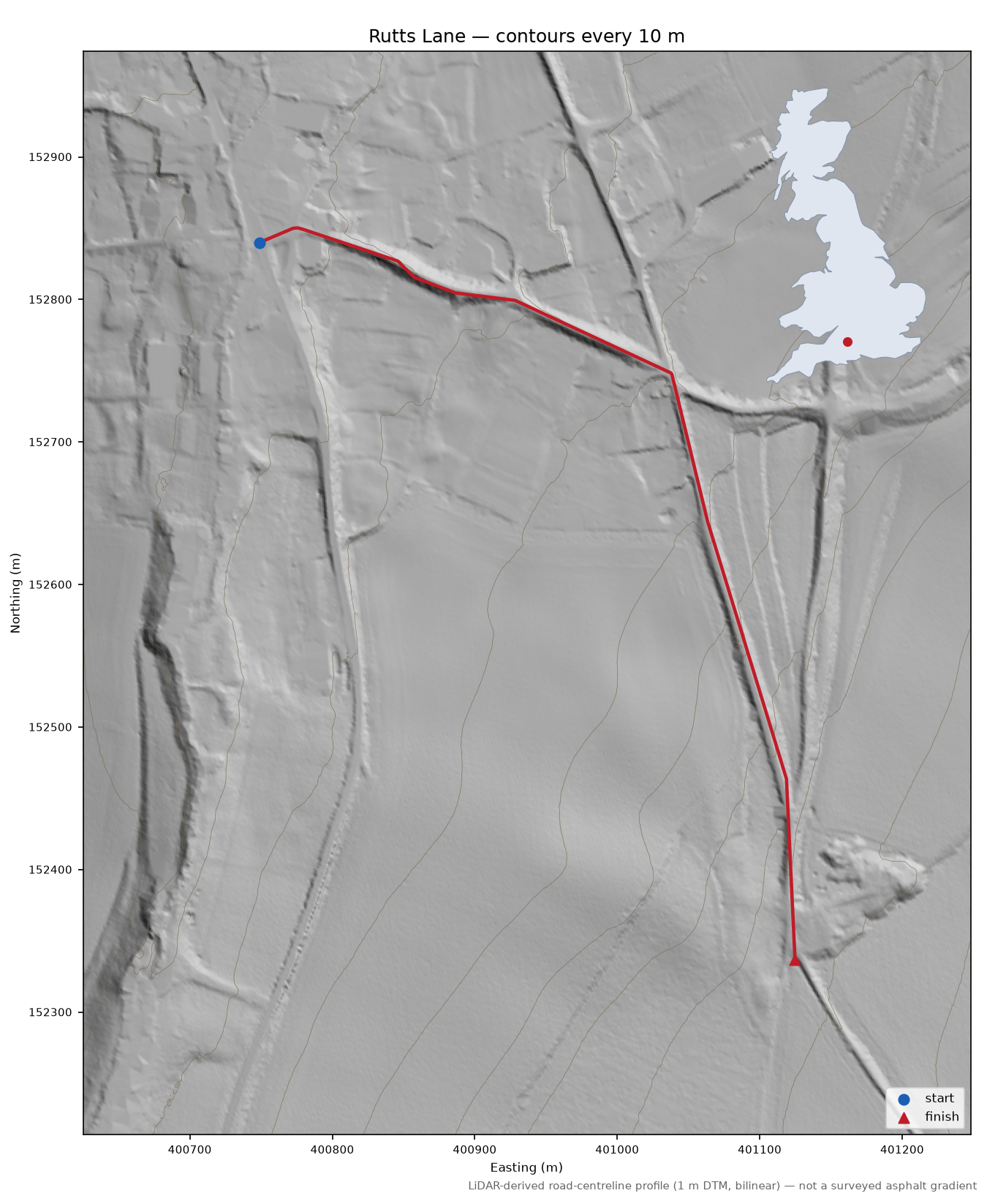 Rutts Lane LiDAR hillshade map with contours