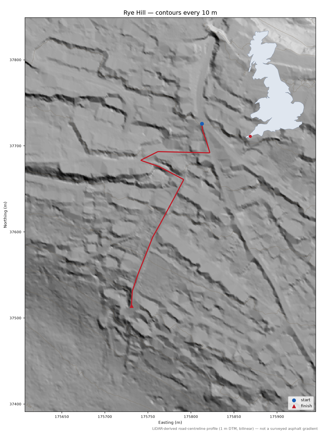 Rye Hill LiDAR hillshade map with contours