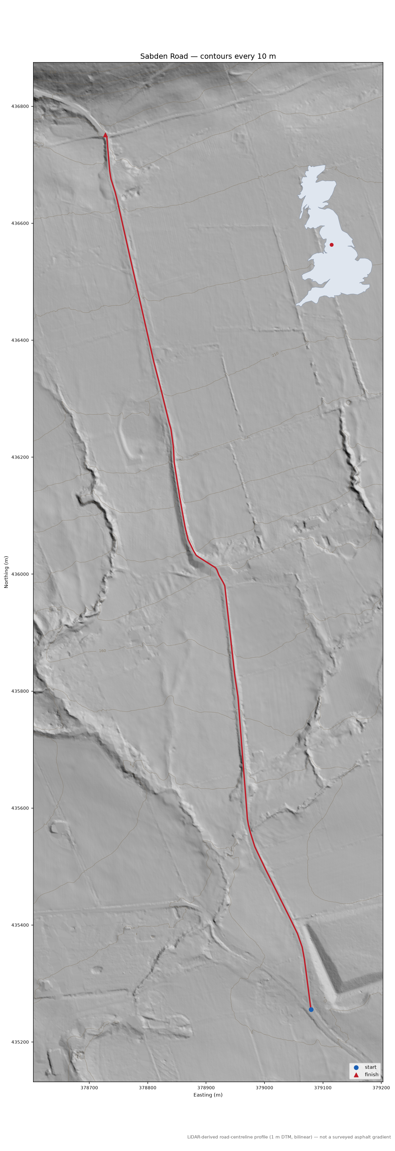 Sabden Road LiDAR hillshade map with contours
