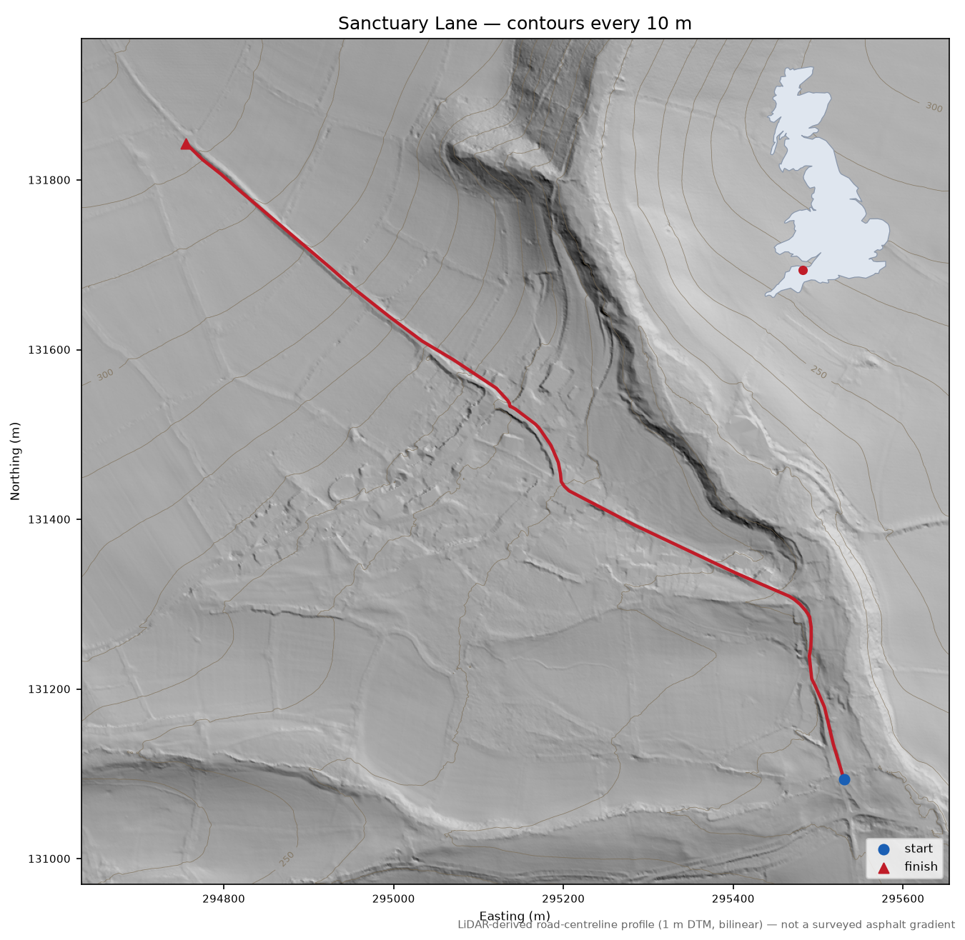 Sanctuary Lane LiDAR hillshade map with contours