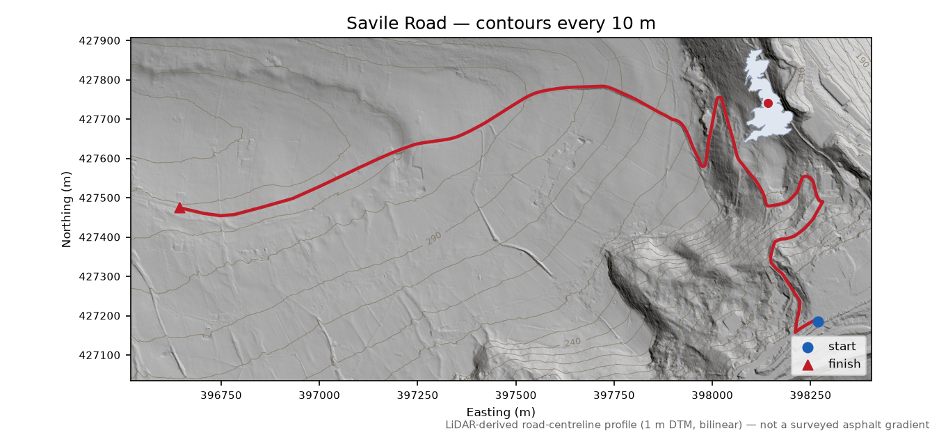 Savile Road LiDAR hillshade map with contours