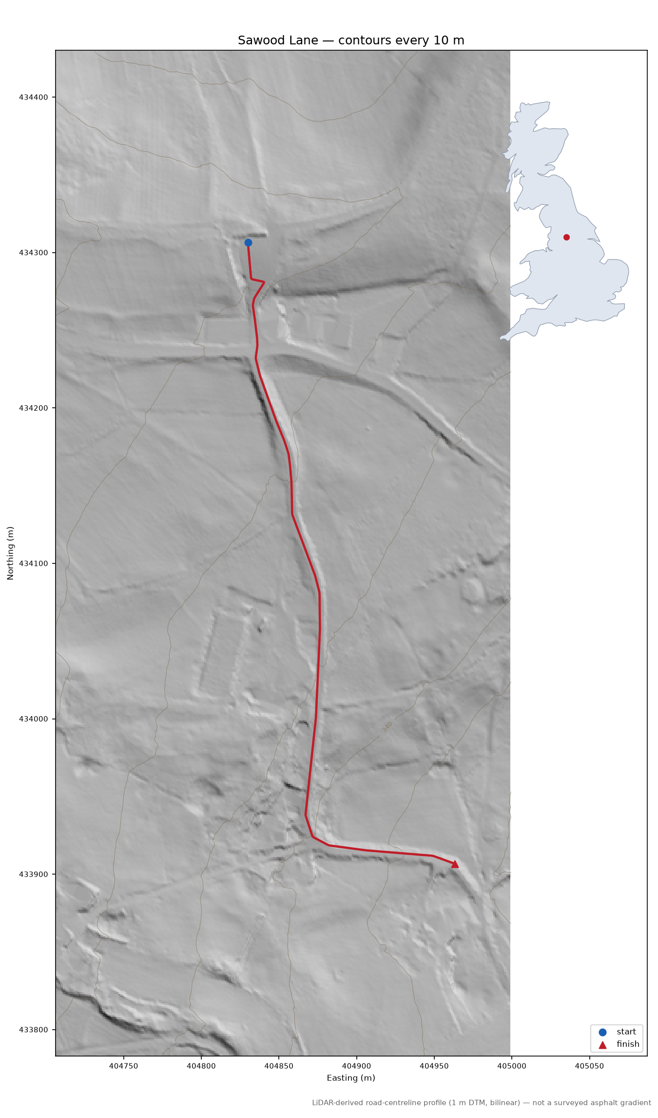 Sawood Lane LiDAR hillshade map with contours