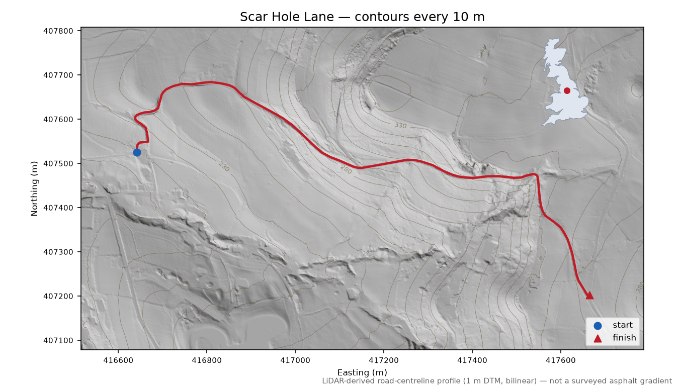 Scar Hole Lane LiDAR hillshade map with contours
