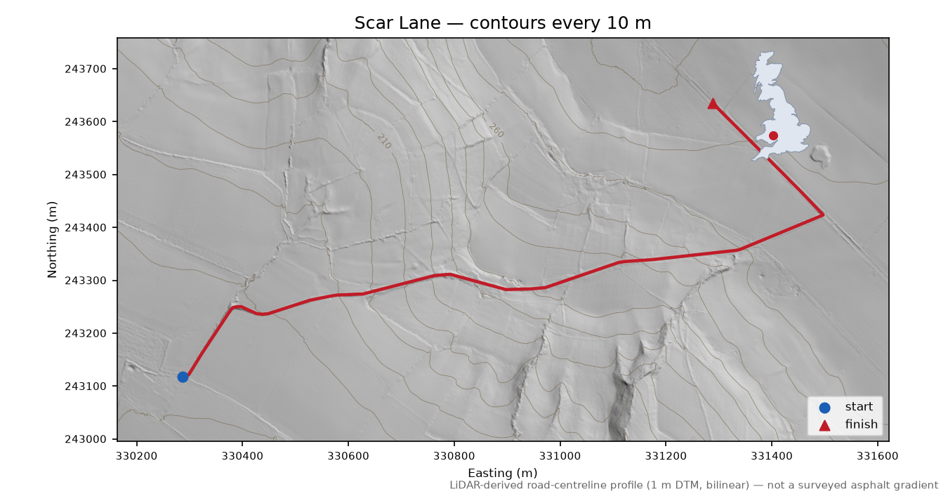 Scar Lane LiDAR hillshade map with contours