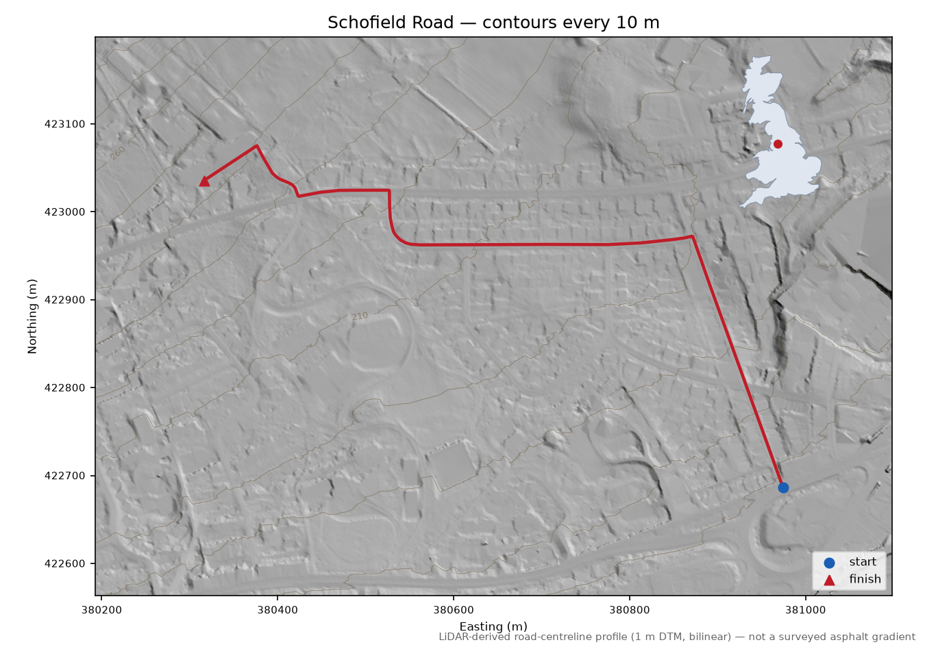 Schofield Road LiDAR hillshade map with contours