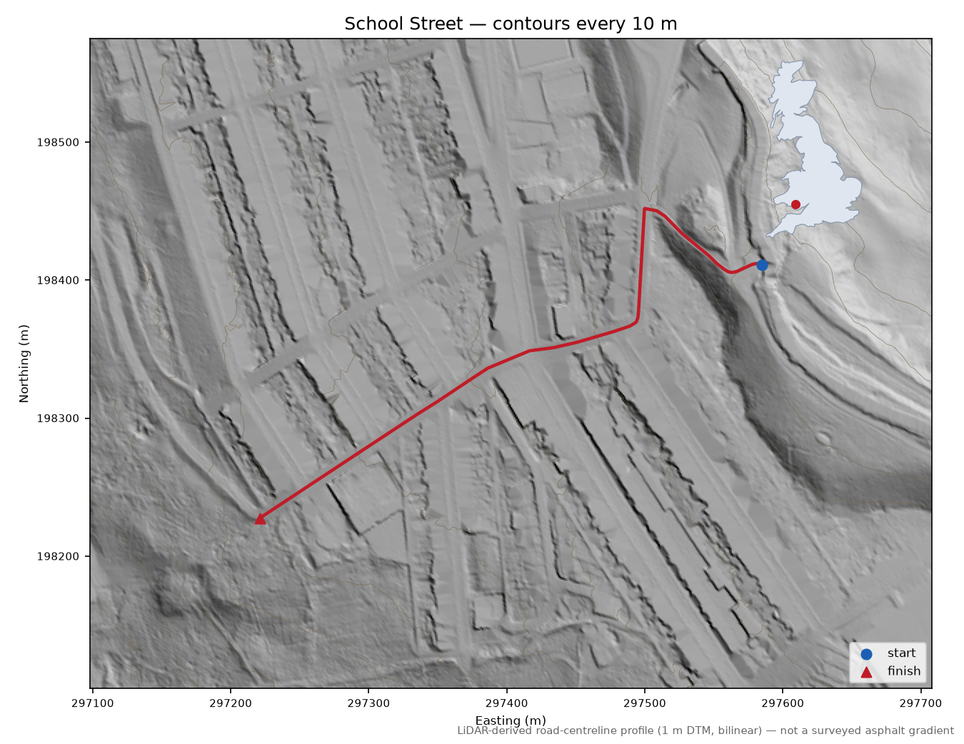 School Street LiDAR hillshade map with contours