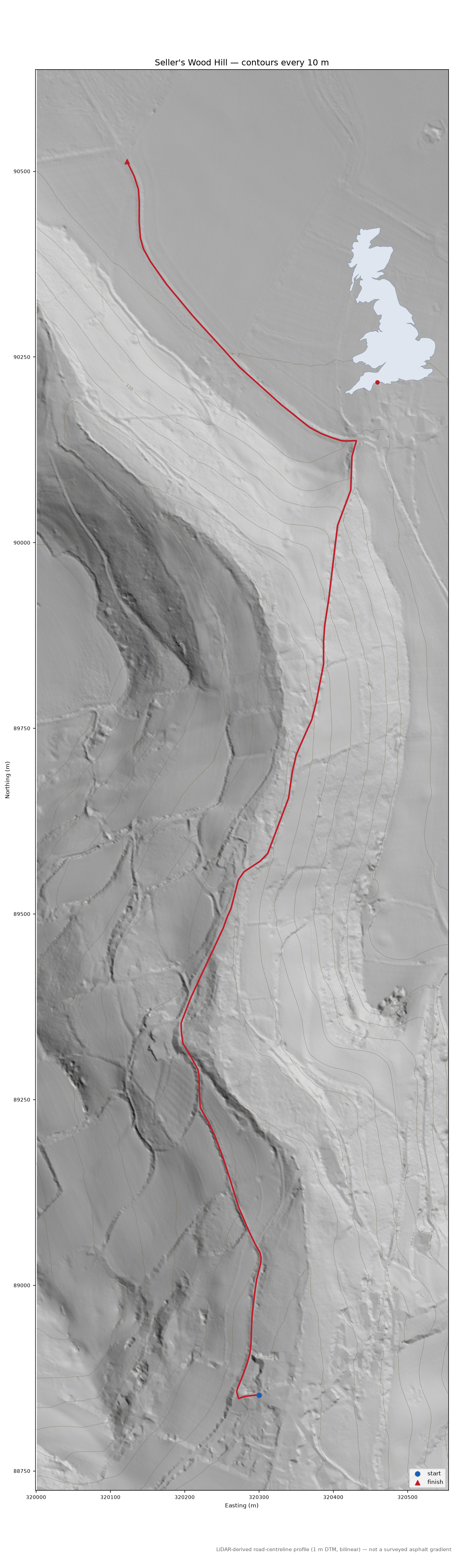 Seller's Wood Hill LiDAR hillshade map with contours