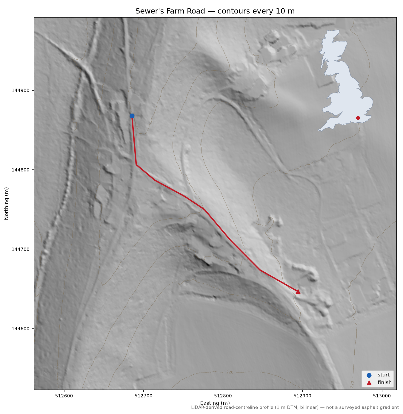 Sewer's Farm Road LiDAR hillshade map with contours